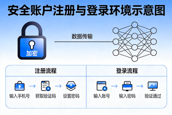安全锁与网络连接示意图 - 代表安全的账户注册与登录环境